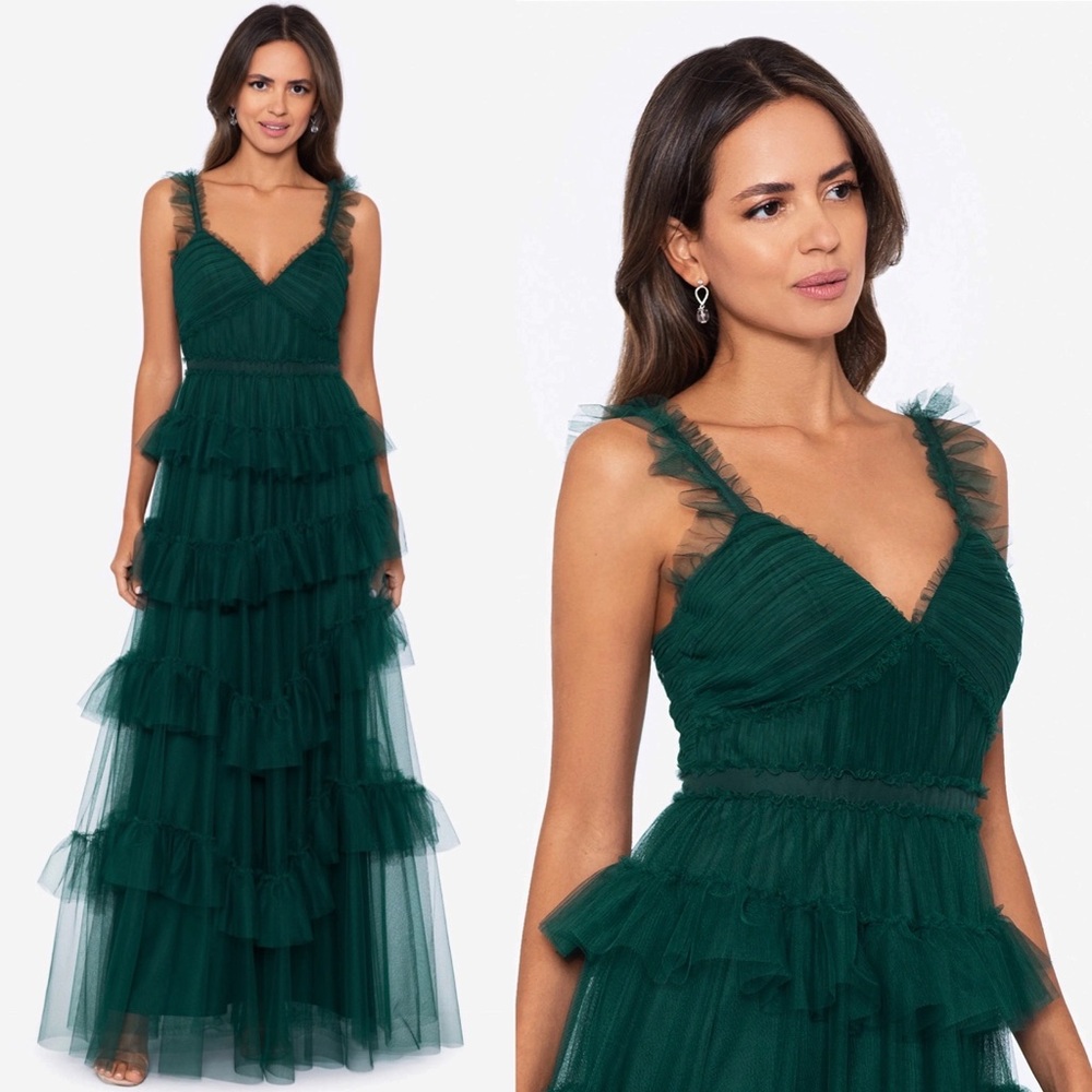 Betsey & Adam Long Tiered Ruffle Dress